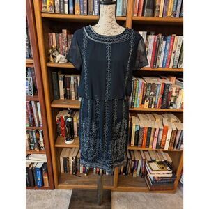 Marina Women’s Medium Black Beaded Embellished Midi Dress Regal